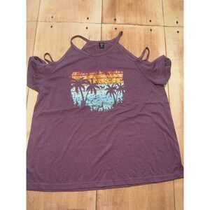 SHEIN Curve Cold Shoulder Graphic T Shirt Palm Trees Sunset Print Purple 0XL